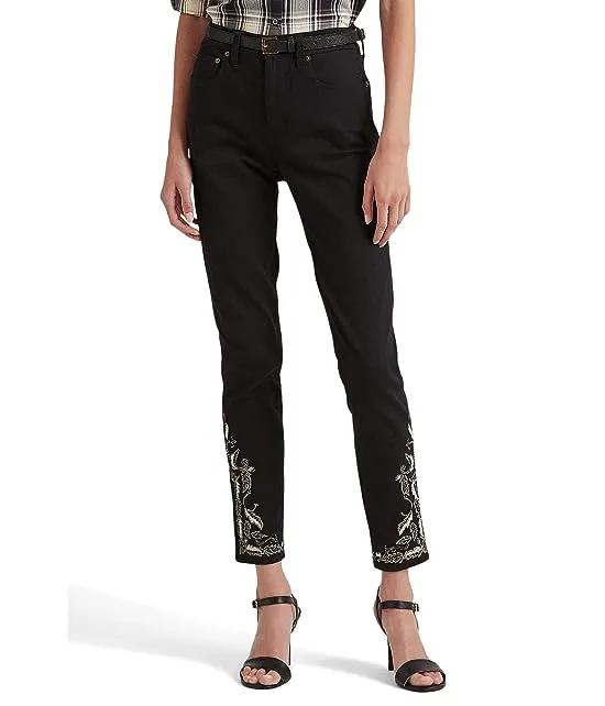 Embroidered High-Rise Skinny Ankle Jeans in Black Wash