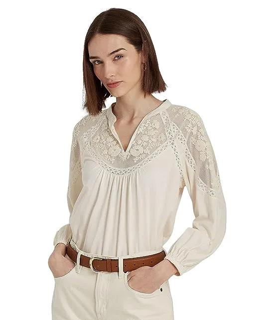 Embroidered Jersey Blouson-Sleeve Top