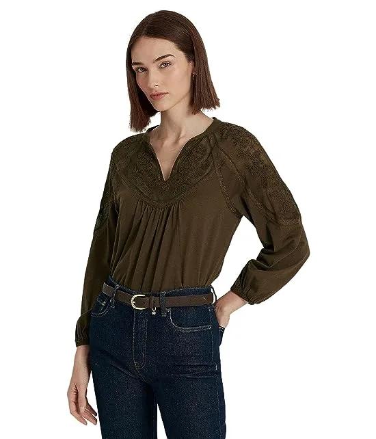 Embroidered Jersey Blouson-Sleeve Top