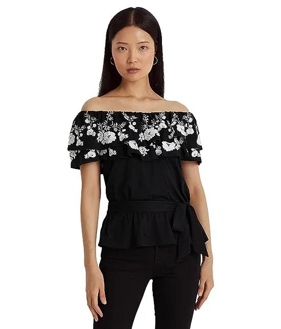 Embroidered Jersey Off-the-Shoulder Top