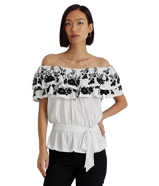 Embroidered Jersey Off-the-Shoulder Top