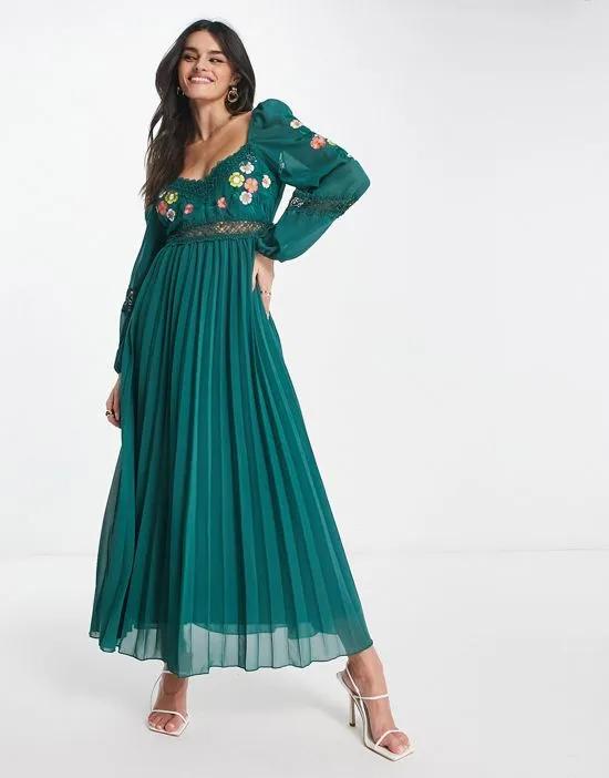 embroidered lace insert pleated midi dress with long sleeves in pine green