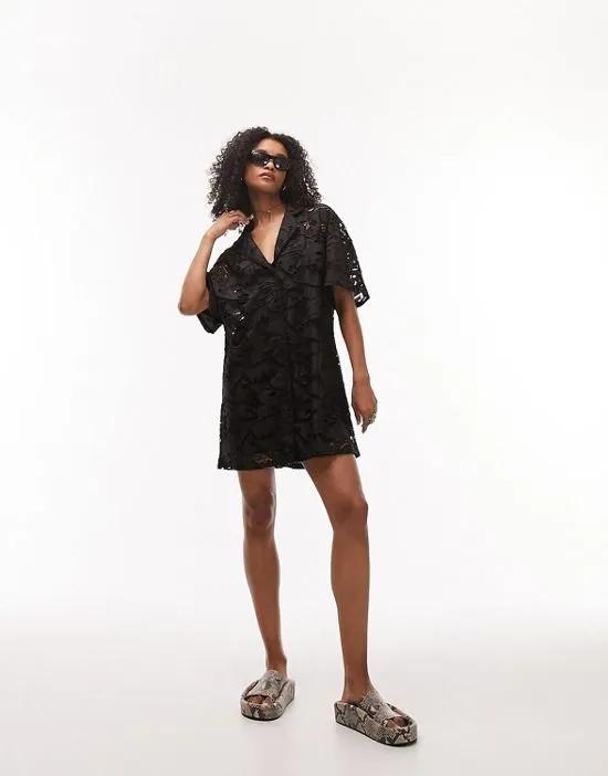embroidered mini shirt dress in black