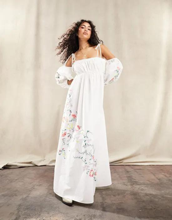embroidered off shoulder cotton maxi dress with ruched bust detail in white