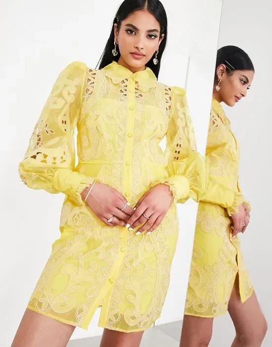 embroidered organza mini shirt dress in yellow