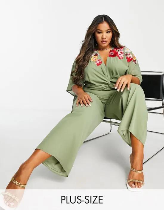 embroidered plunge wide leg jumpsuit in olive green