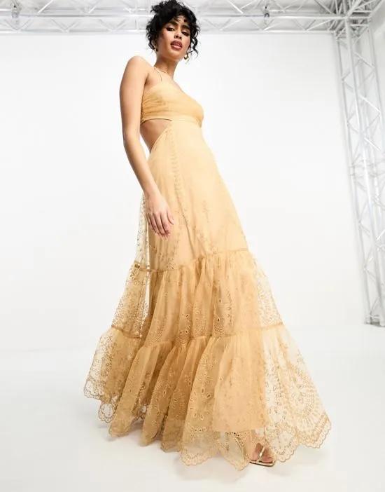 embroidered ruched voile cut out tiered maxi dress in gold