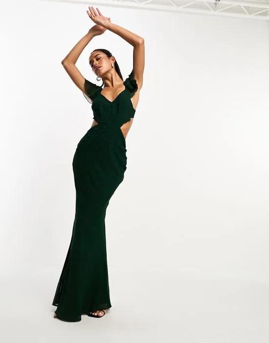 embroidered ruffle maxi dress with lace inserts in forest green