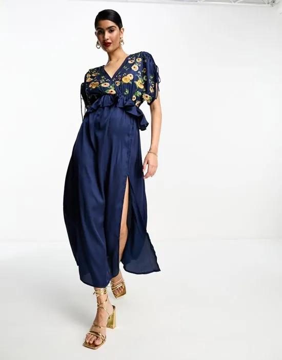 embroidered satin midi dress with frill waist in navy