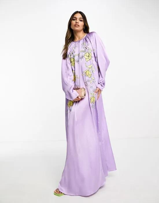 embroidered satin volume sleeve midaxi dress in lilac