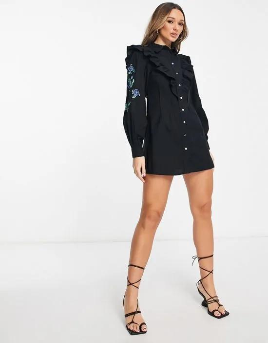 embroidered sleeve button through mini dress in black