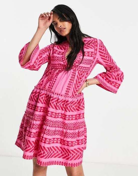 embroidered smock dress in pink