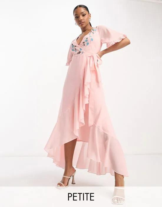 embroidered wrap dress in veiled rose
