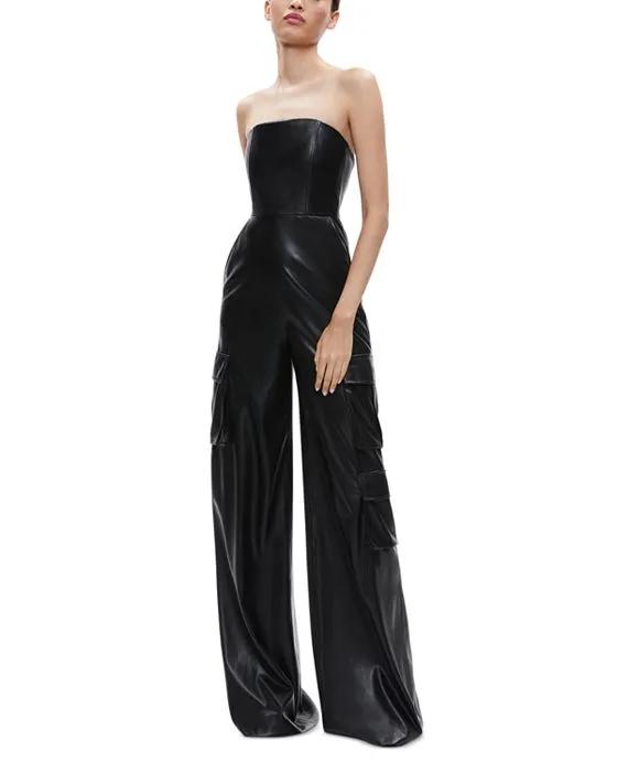 Emelda Faux Leather Strapless Cargo Jumpsuit 