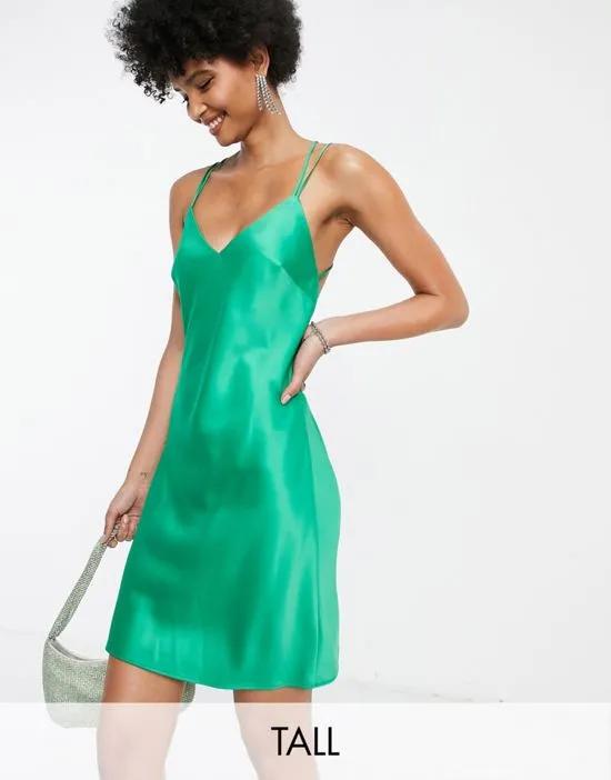 emerald green cowl neck mini satin slip dress