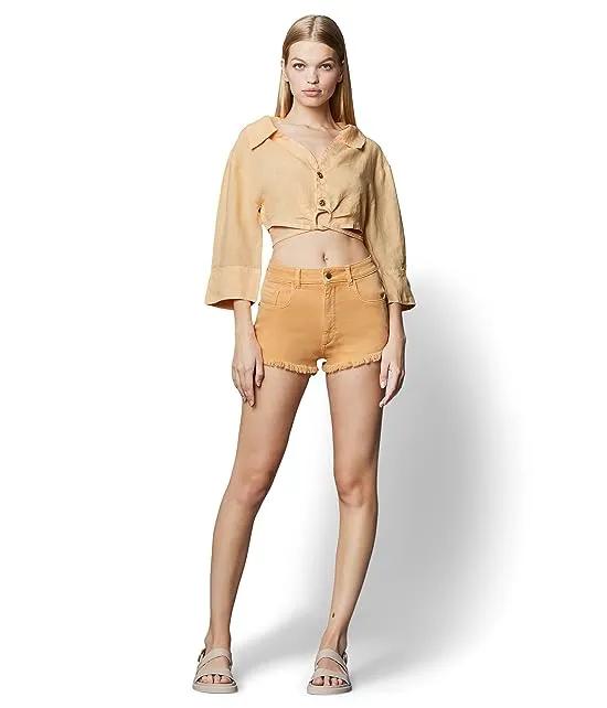 Emilie High-Rise Vintage Cheeky Shorts in Peach Frayed