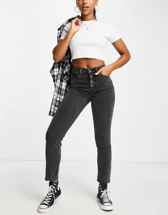 Emily high waist straight leg jeans with exposed buttons in black