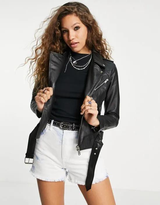 Emma real leather jacket with belt in black