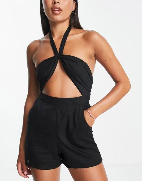 Esmee Exclusive beach halter romper with shirred back in black