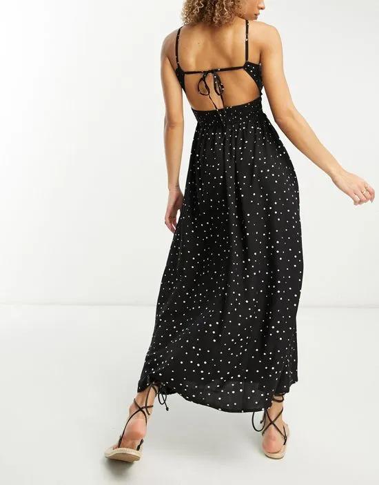 Esmee Exclusive beach maxi summer dress with large shirred bodice in black polka dot