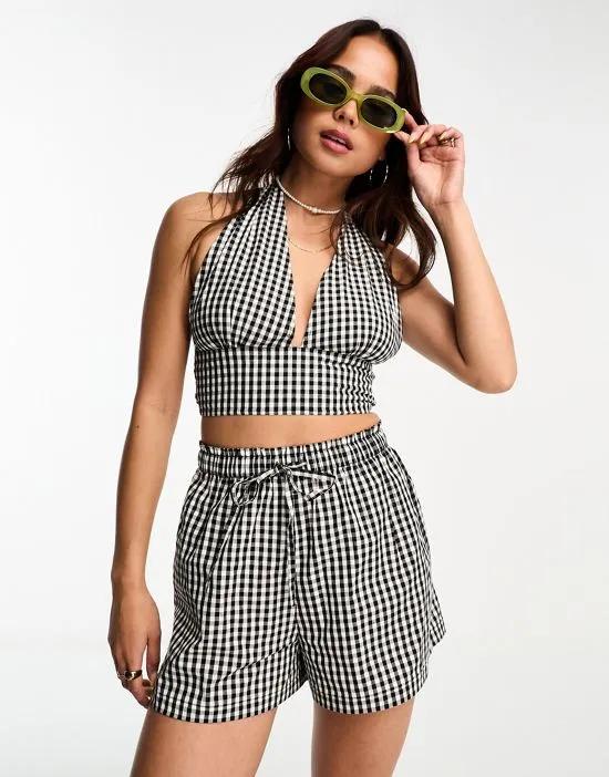 Esmee Exclusive beach shirred waist short in black and white gingham - part of a set