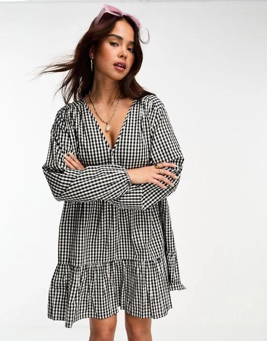 Esmee Exclusive beach tiered smock mini summer dress in black and white gingham