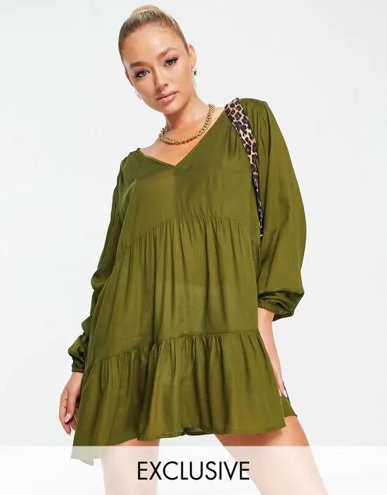 Esmee Exclusive mini tiered smock dress with long sleeve in khaki