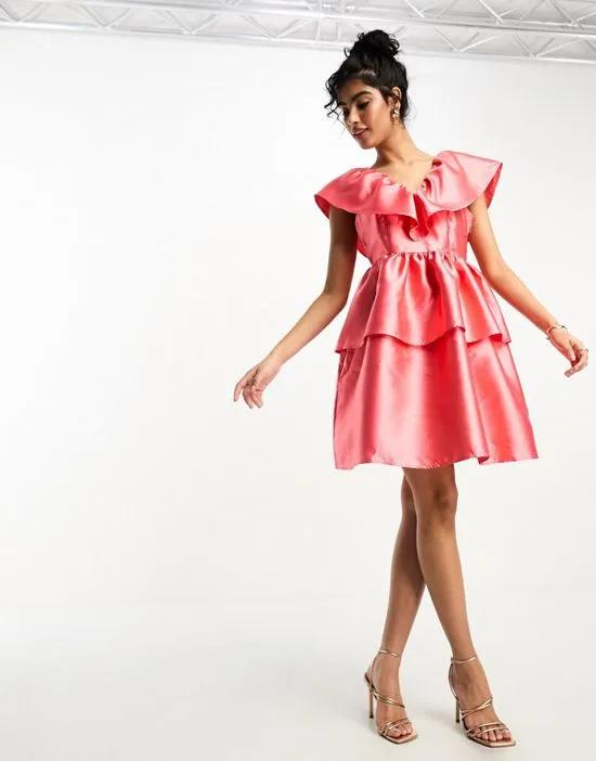 exaggerated frill mini dress in coral