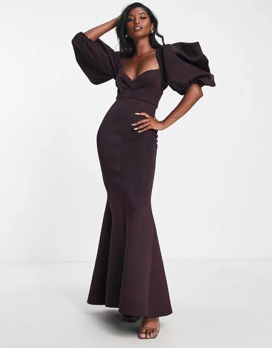 exaggerated sleeve open back maxi dress with sweep hem in aubergine