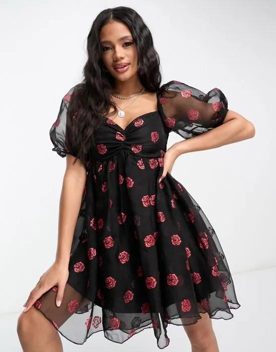 Exclusive babydoll mini dress in ditsy glitter rose