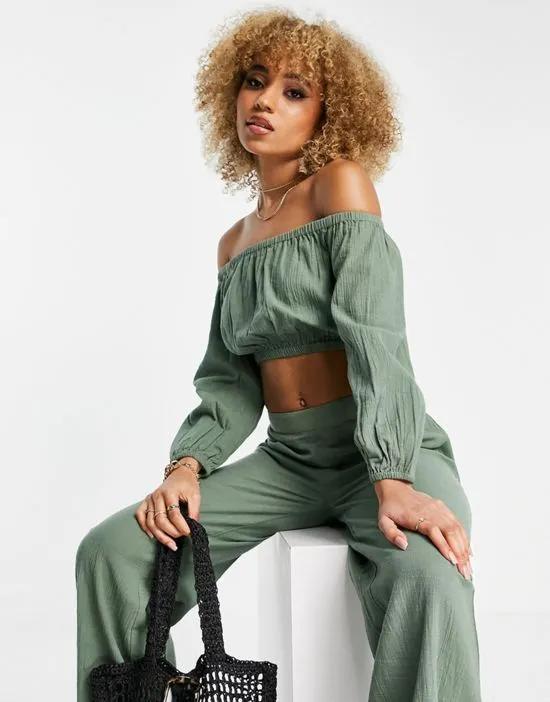 Exclusive beach balloon cold shoulder top in khaki - part of a set