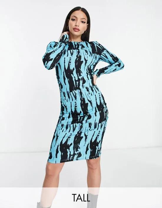 exclusive body-conscious mini dress in blue & black graphic print