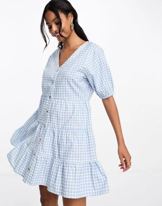 Exclusive button through mini smock dress in blue gingham