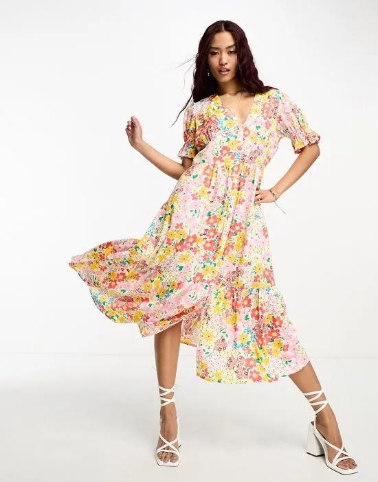 exclusive button through puff sleeve midi dress in ditsy floral