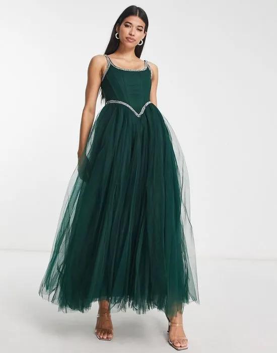 exclusive corset embellished maxi dress in emerald green