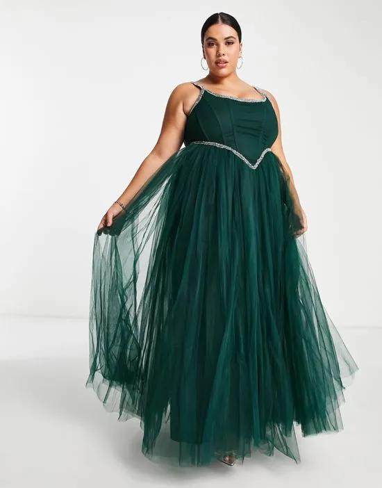 Exclusive corset embellished maxi dress in emerald green