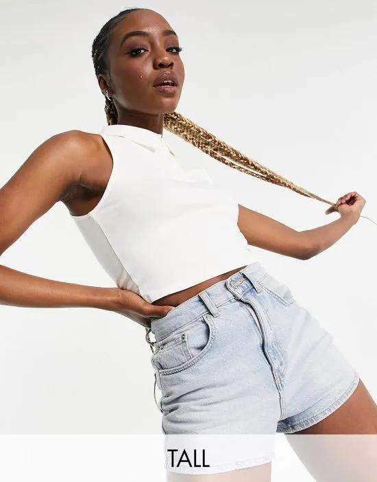 Exclusive cropped sleeveless polo top in white