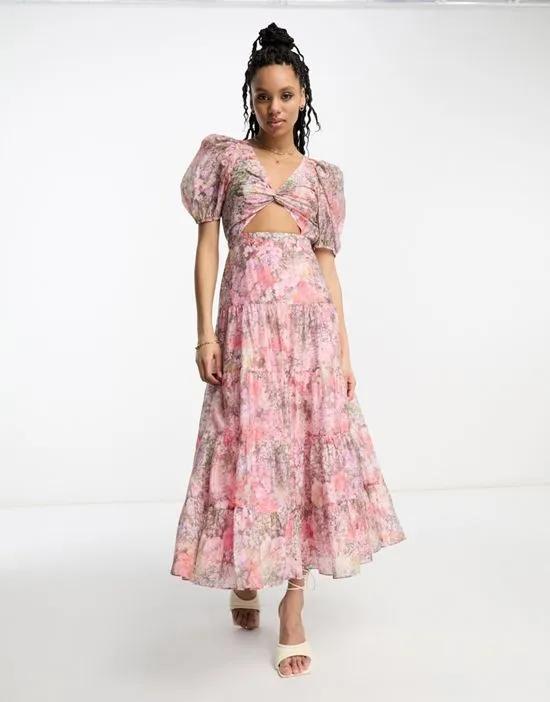 Exclusive cut-out tiered midaxi dress in pink floral