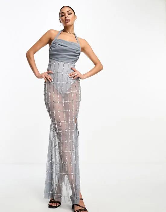 exclusive drape cowl embellished maxi dress in pewter
