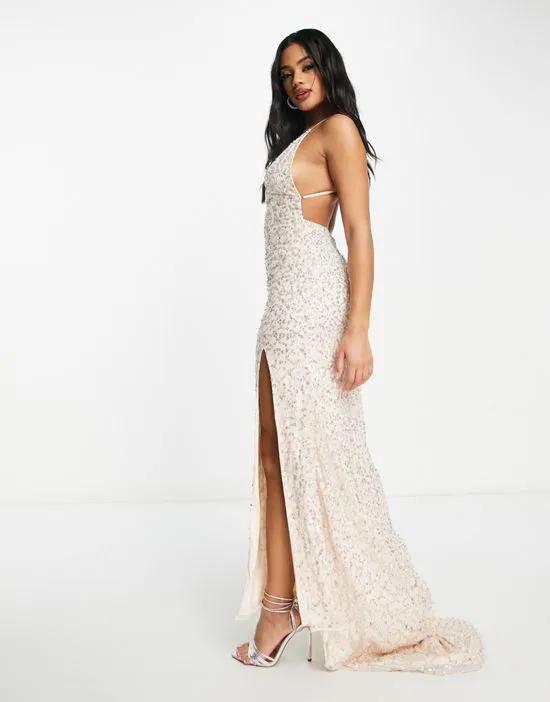Exclusive embellished thigh slit maxi dress in light gold