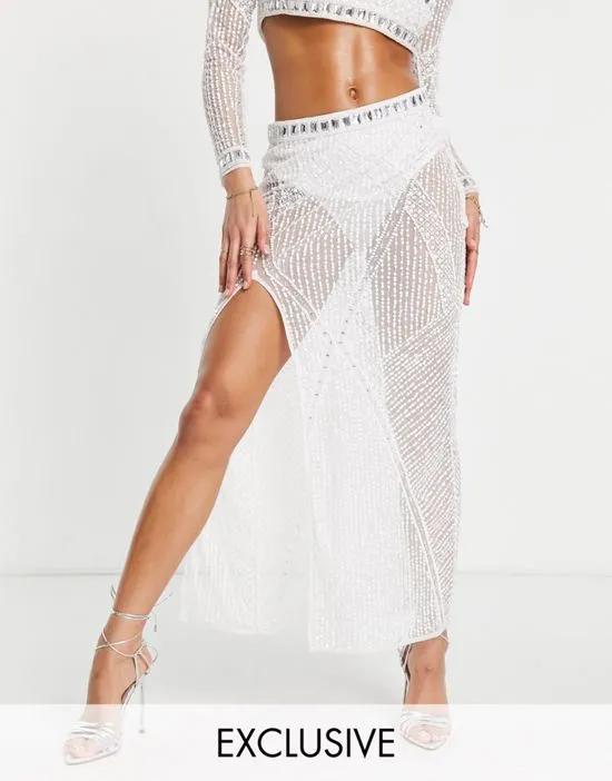 Exclusive embellished thigh slit midaxi skirt in white - part of a set