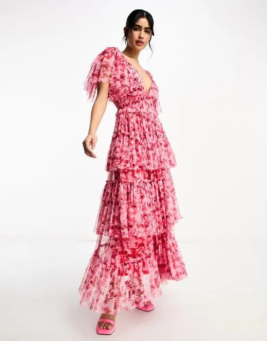 Exclusive flutter sleeve ruffle maxi dress in red floral