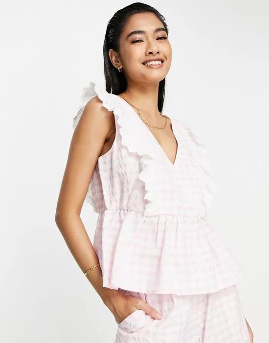Exclusive gingham fril top in pink - part of a set