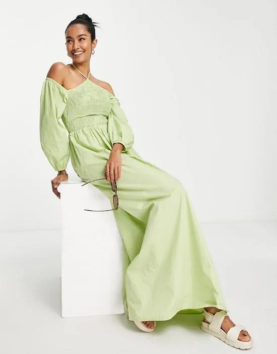 Exclusive halterneck shirred maxi dress with cut out front in light green