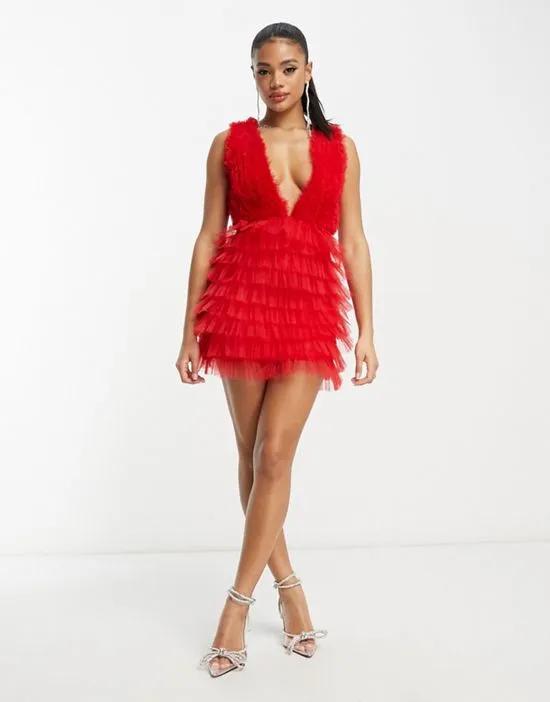 exclusive heart cut-out back tulle mini dress in red