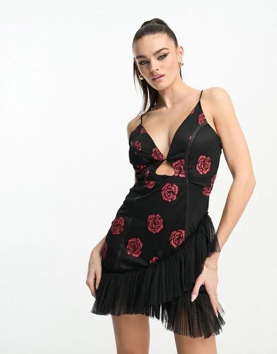 Exclusive heart cut-out tulle mini dress in glitter rose