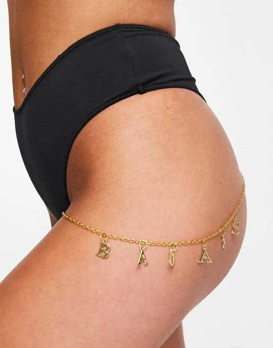 Exclusive high waist high leg thong with gold chain detail in black - BLACK
