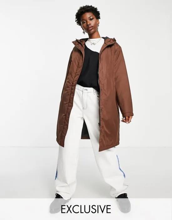 exclusive hooded longline padded coat in chocolate brown