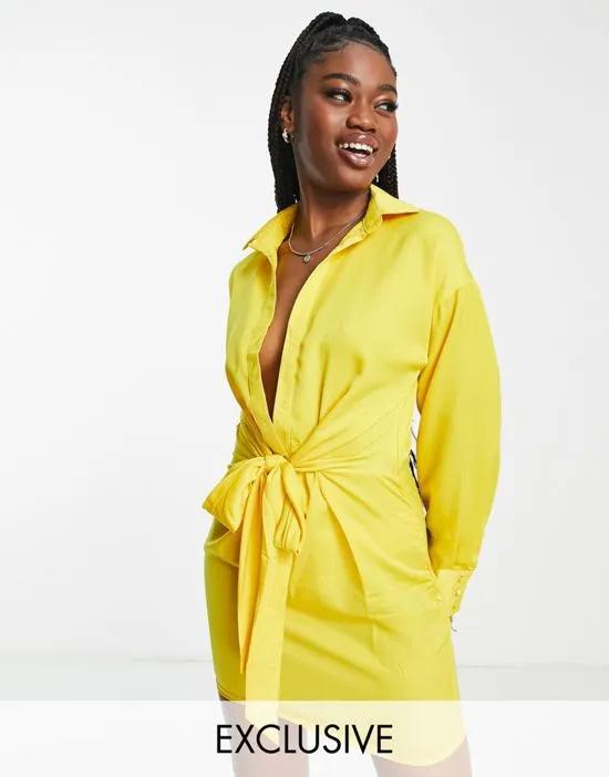 exclusive knot front shirt dress in yellow