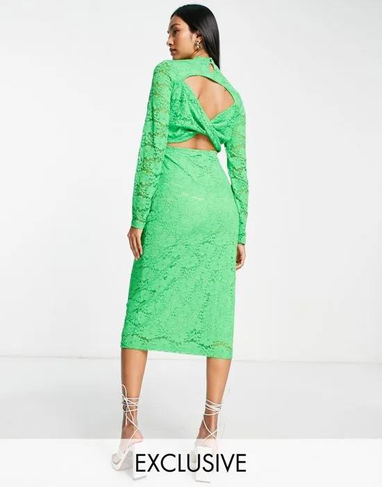 exclusive lace midi dress with cut out twist back in bright green